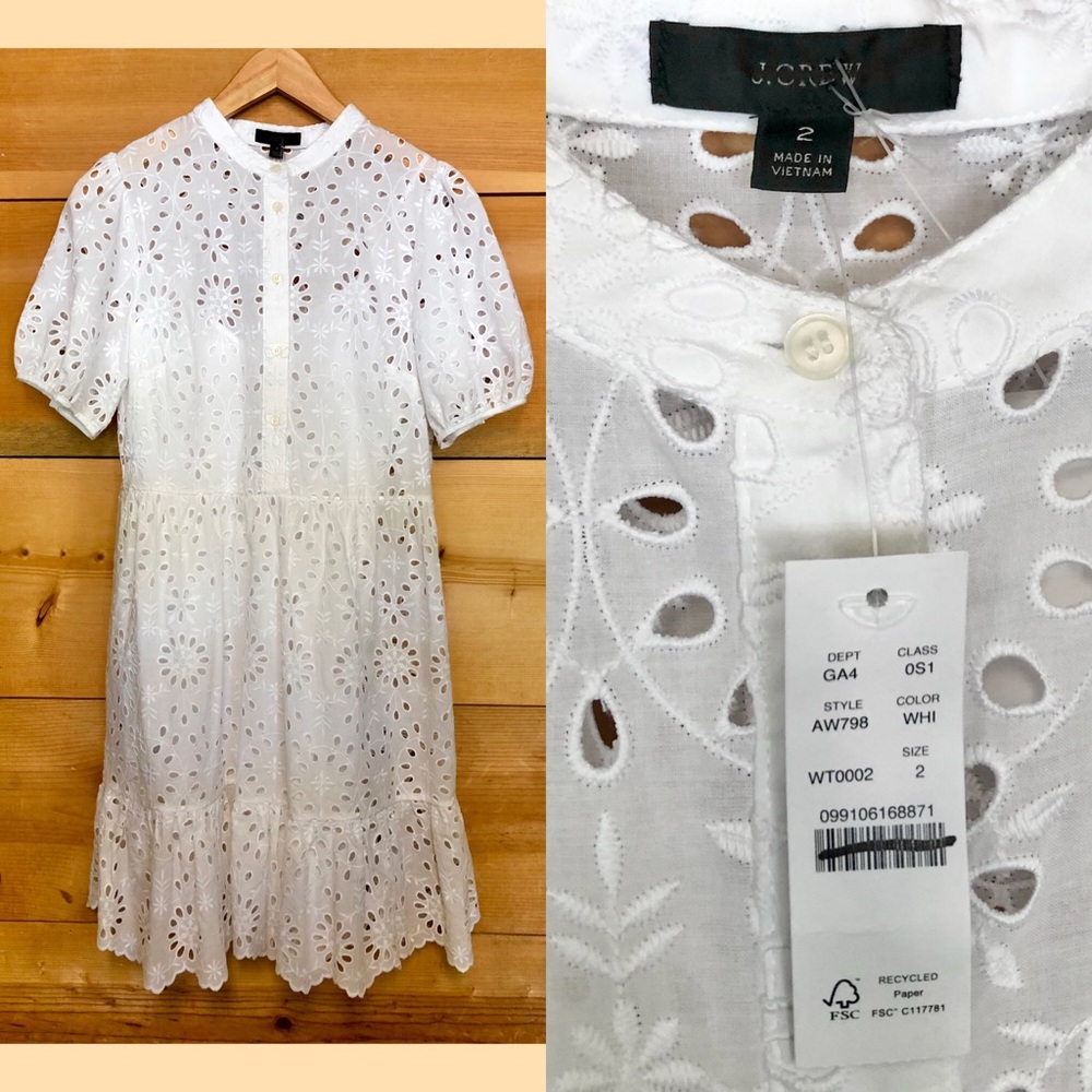 J crew puff sleeve eyelet tier dress white button up